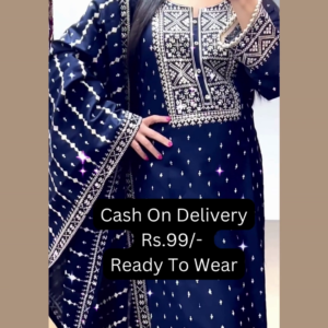 Midnight Blue Silk Suit with Geometric Silver Artistry